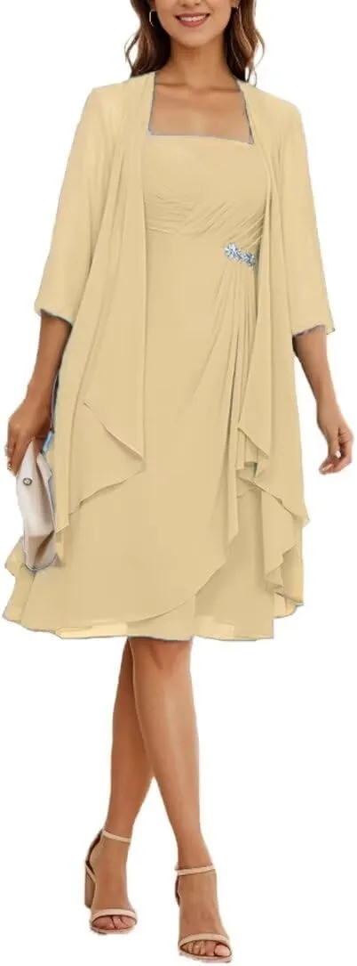 2 Pieces Mother of The Bride Dresses for Wedding Chiffon Short Sleeve Formal Dress Long Evening Gowns with Jacket