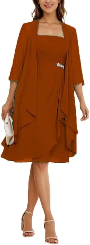 2 Pieces Mother of The Bride Dresses for Wedding Chiffon Short Sleeve Formal Dress Long Evening Gowns with Jacket