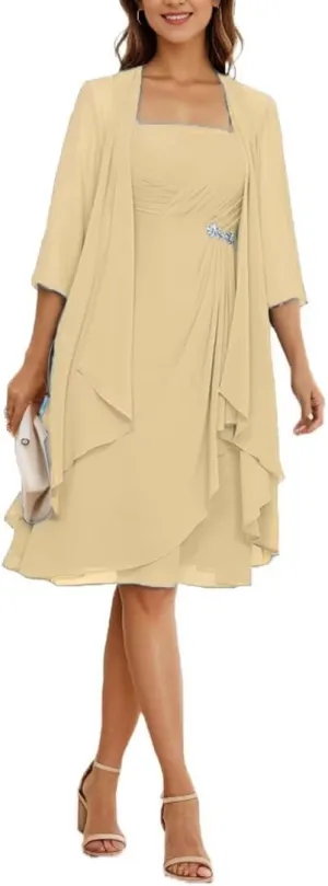 2 Pieces Mother of The Bride Dresses for Wedding Chiffon Short Sleeve Formal Dress Long Evening Gowns with Jacket