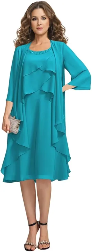 2 Pieces Mother of The Bride Dresses for Wedding Knee Length Tiered Beaded Chiffon Formal Evening Gowns with Jacket