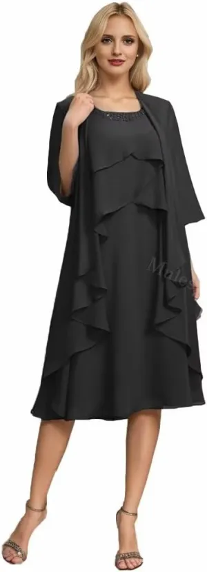 2 Pieces Mother of The Bride Dresses for Wedding Tiered Beaded Chiffon Midi Formal Evening Gowns with Jacket