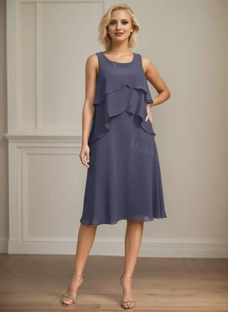 2 Pieces Mother of The Bride Dresses for Wedding Tiered Beaded Chiffon Midi Formal Evening Gowns with Jacket