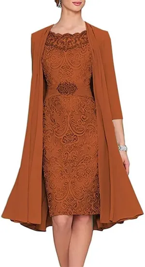 2 Pieces Tea Length Mother of The Bride Dresses with Jacket Beaded Lace Appliques Formal Evening Gown for Wedding