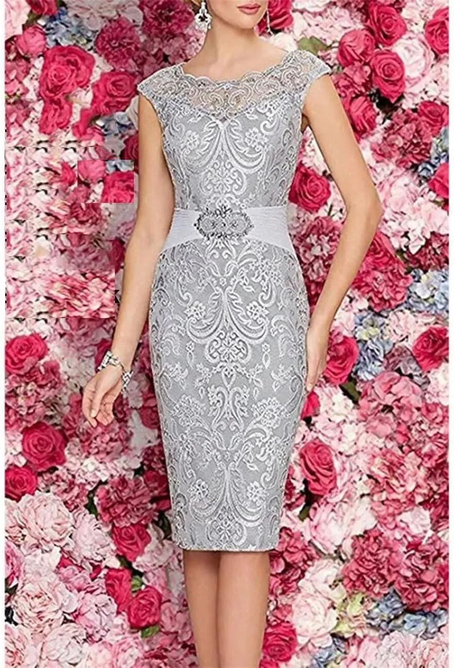 2 Pieces Tea Length Mother of The Bride Dresses with Jacket Beaded Lace Appliques Formal Evening Gown for Wedding