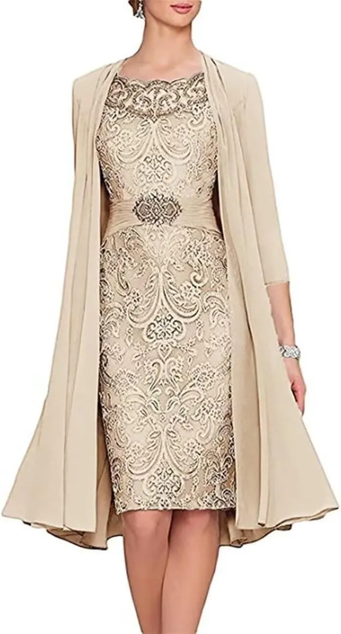 2 Pieces Tea Length Mother of The Bride Dresses with Jacket Beaded Lace Appliques Formal Evening Gown for Wedding