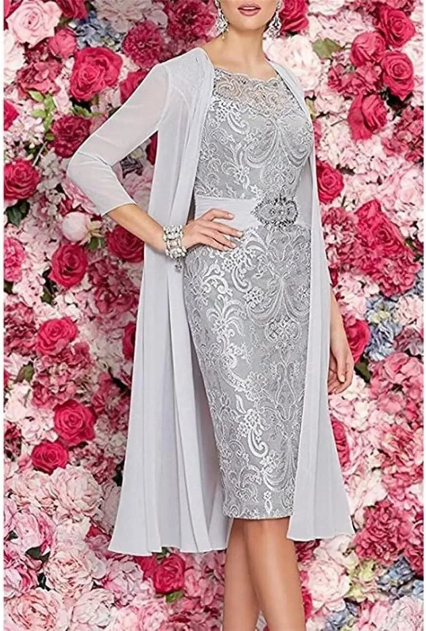 2 Pieces Tea Length Mother of The Bride Dresses with Jacket Beaded Lace Appliques Formal Evening Gown for Wedding