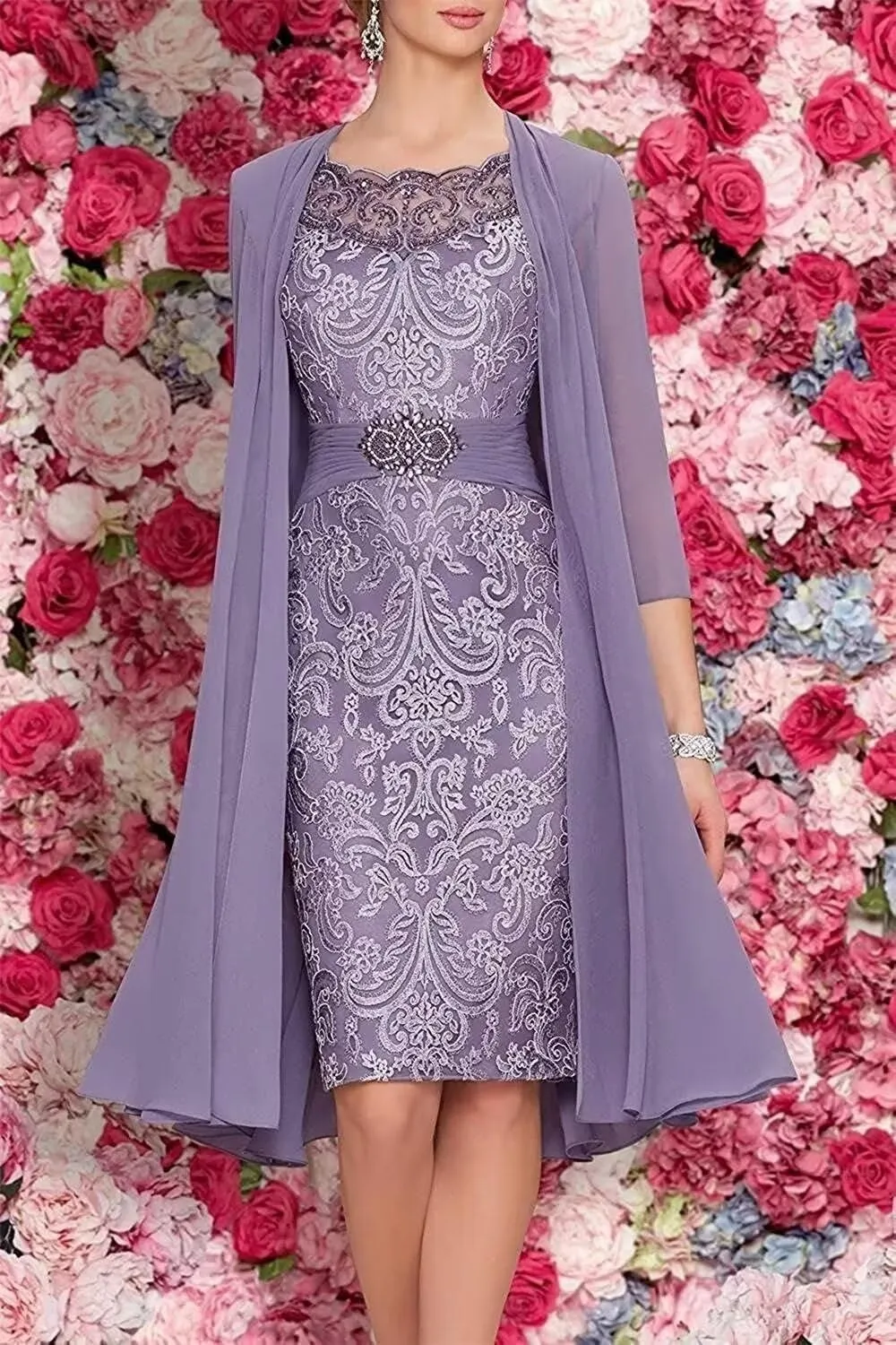 2 Pieces Tea Length Mother of The Bride Dresses with Jacket Beaded Lace Appliques Formal Evening Gown for Wedding