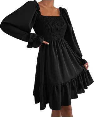2024 Smocked Ruffle Mini Dress Women Frill Square Neck Long Sleeve Party Dress Cute Cottagecore Wedding Guest Dress
