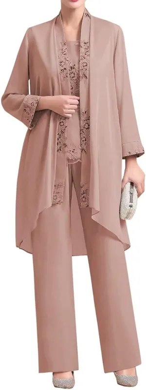 3 Pieces Mother of The Bride Pantsuit Dresses Chiffon Laces Formal Evening Outfit with Jacket