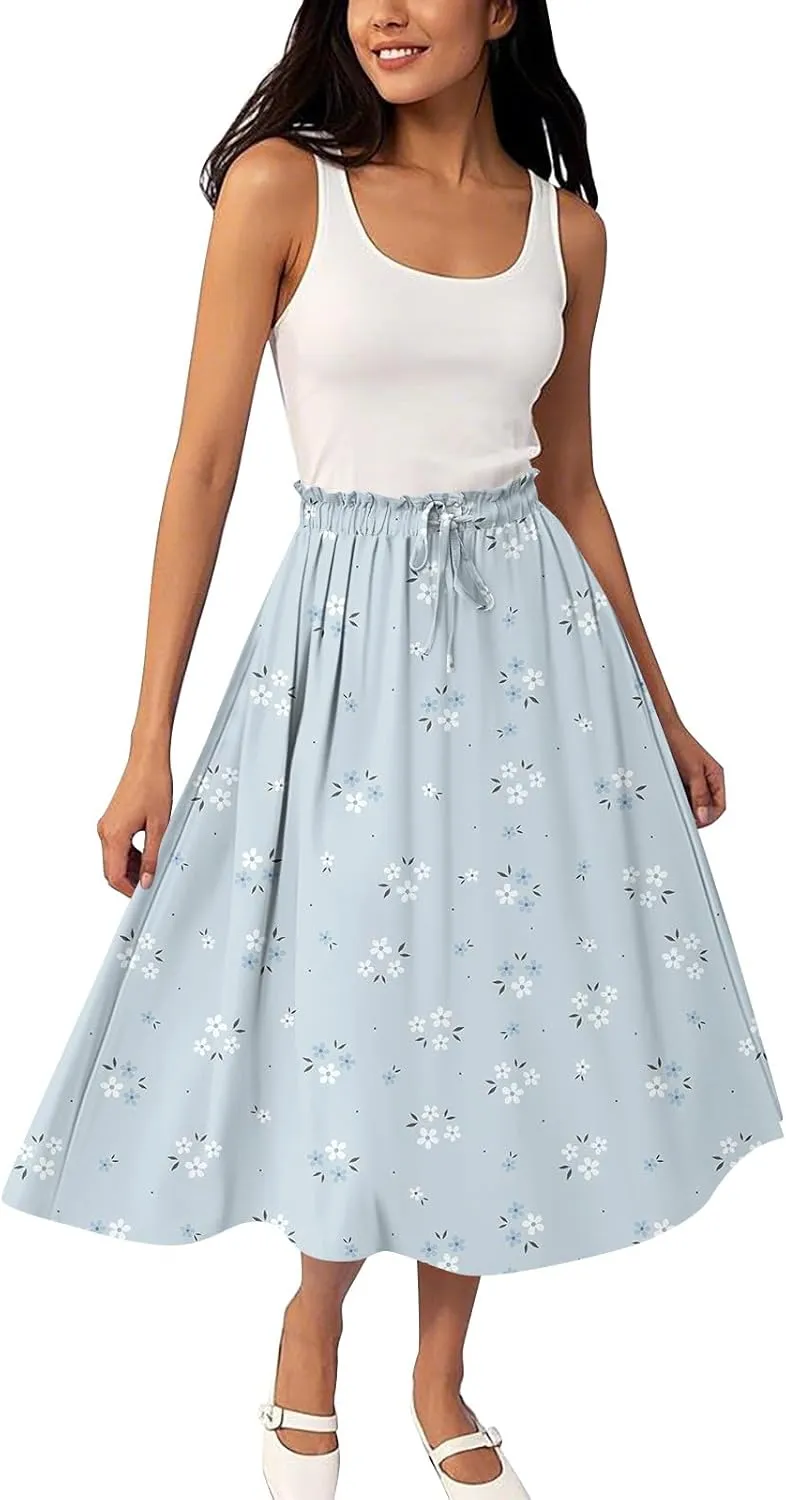 ADHOWBEW Boho Skirts for Women Midi Length Ruffle Cute Flowy High Waisted Trendy Beach Casual A Line Plus Size Spring Skirts