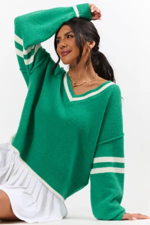 All The Good Green V-Neck Varsity Sweater