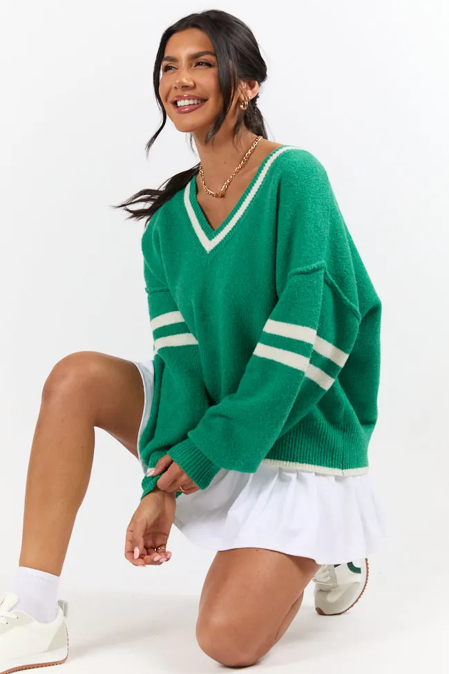 All The Good Green V-Neck Varsity Sweater