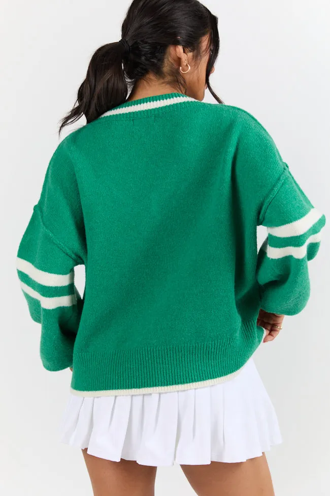 All The Good Green V-Neck Varsity Sweater