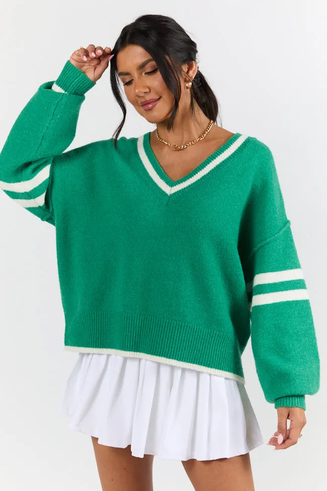 All The Good Green V-Neck Varsity Sweater