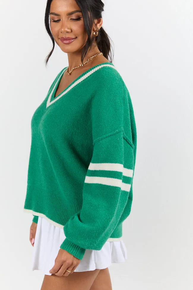 All The Good Green V-Neck Varsity Sweater