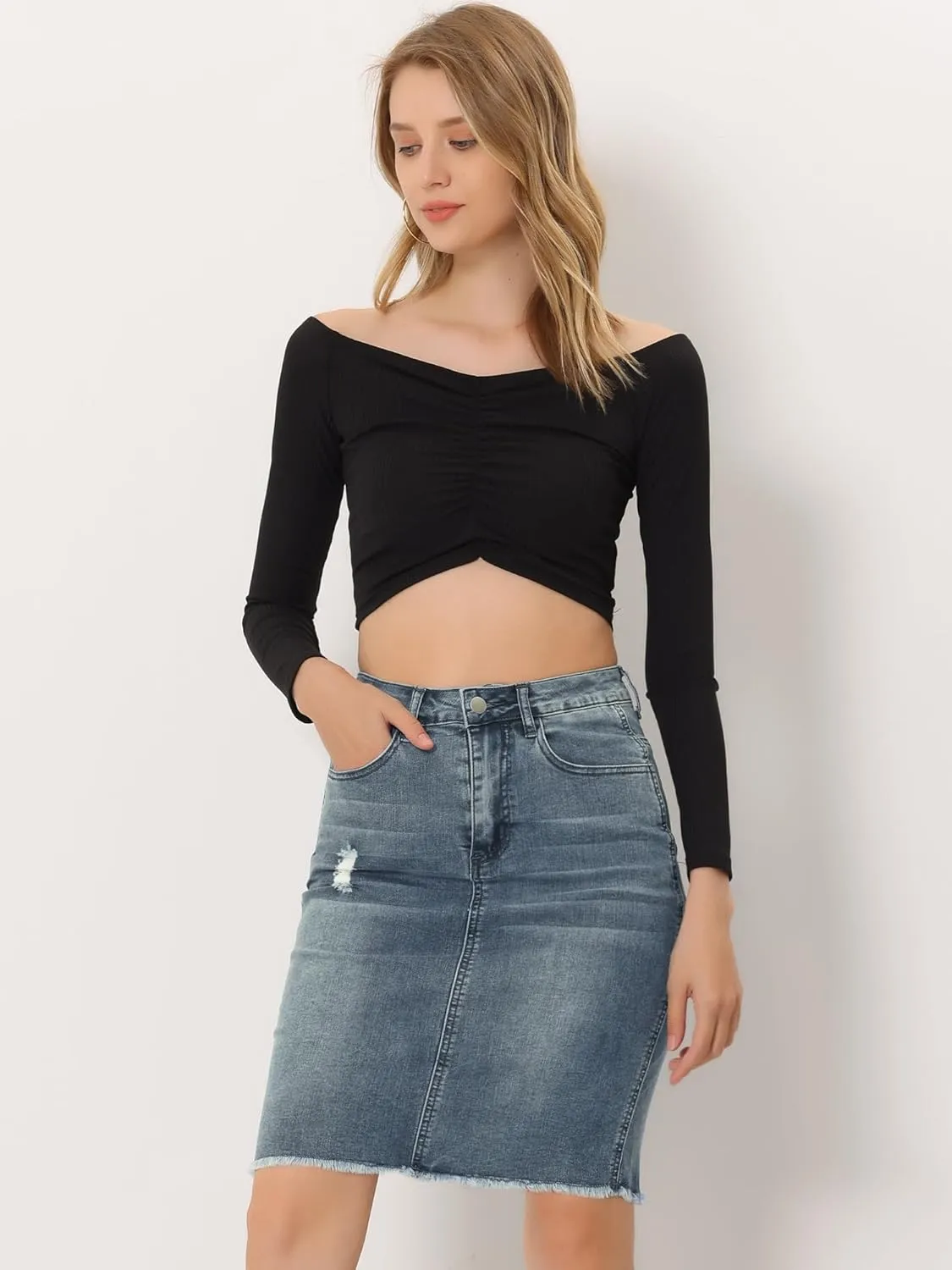 Allegra K Women's Basic Distressed High Waist Ripped Hem Washed Jeans Denim Skirt