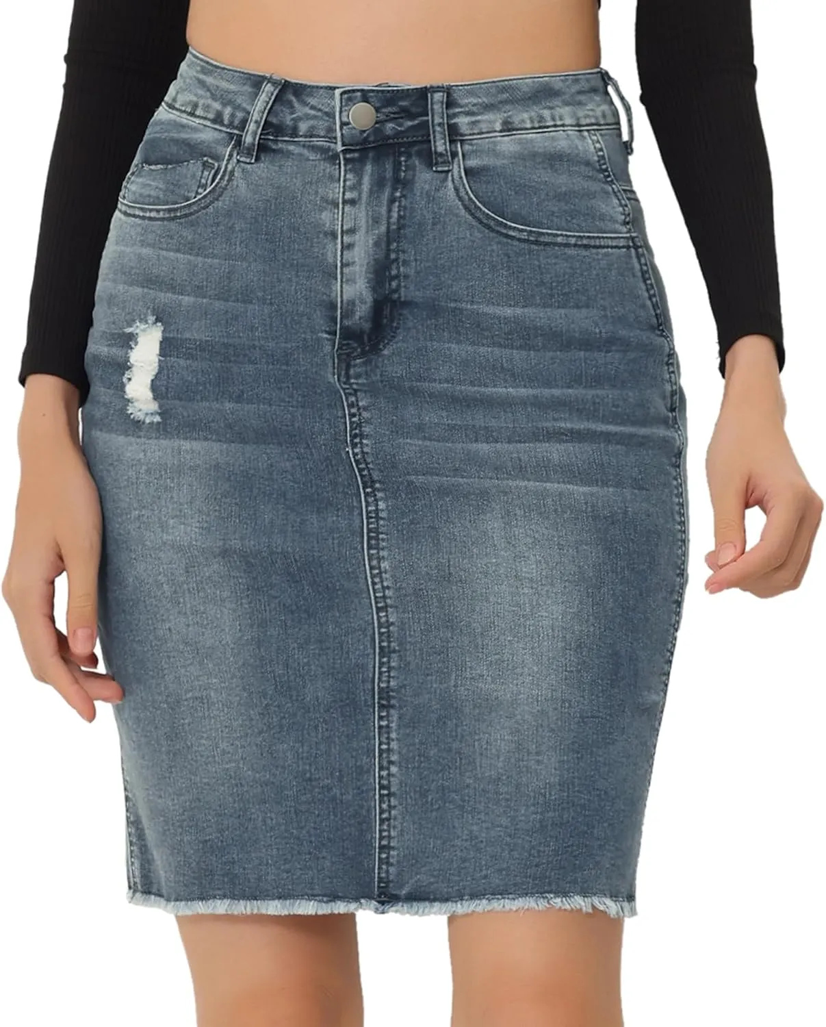 Allegra K Women's Basic Distressed High Waist Ripped Hem Washed Jeans Denim Skirt