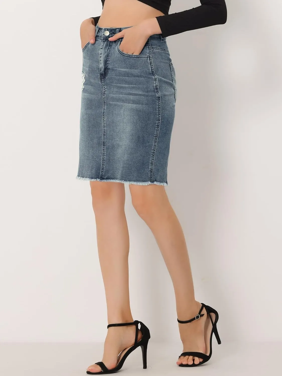 Allegra K Women's Basic Distressed High Waist Ripped Hem Washed Jeans Denim Skirt