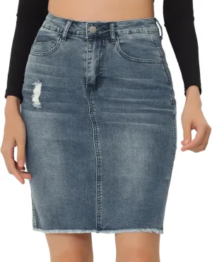 Allegra K Women's Basic Distressed High Waist Ripped Hem Washed Jeans Denim Skirt