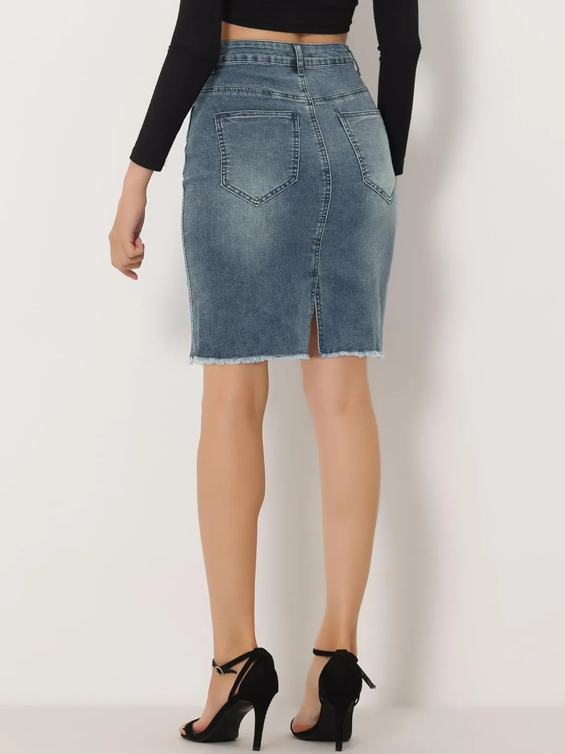 Allegra K Women's Basic Distressed High Waist Ripped Hem Washed Jeans Denim Skirt