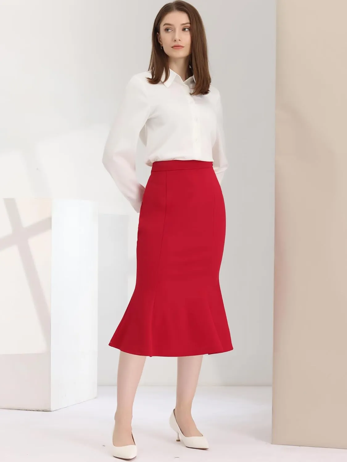 Allegra K Women's Bodycon Skirt High Waist Ruffle Hem Fishtail Mermaid Midi Skirt