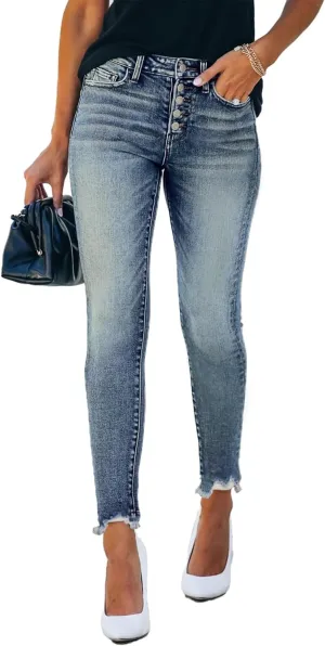 Allimy Women's High Rise Skinny Stretch Button Ripped Jeans High Waisted Destroyed Denim Pants