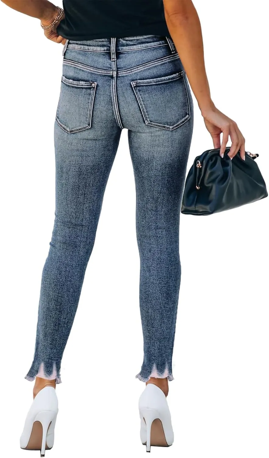 Allimy Women's High Rise Skinny Stretch Button Ripped Jeans High Waisted Destroyed Denim Pants
