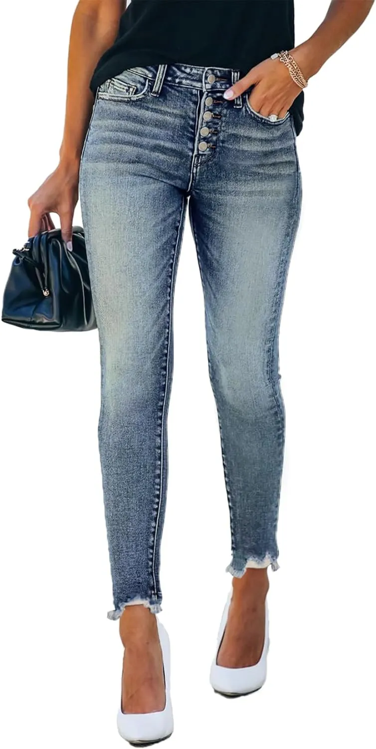 Allimy Women's High Rise Skinny Stretch Button Ripped Jeans High Waisted Destroyed Denim Pants