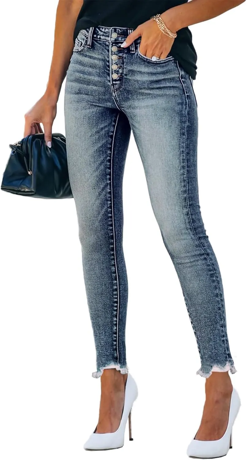 Allimy Women's High Rise Skinny Stretch Button Ripped Jeans High Waisted Destroyed Denim Pants