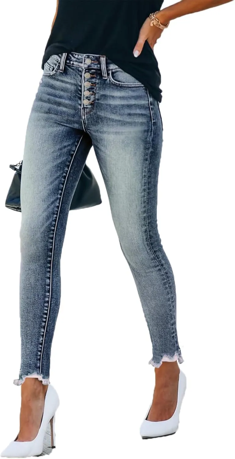 Allimy Women's High Rise Skinny Stretch Button Ripped Jeans High Waisted Destroyed Denim Pants
