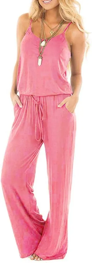 Artfish Women Casual Sleeveless Spaghetti Strap Striped Lounge Pajama Jumpsuit