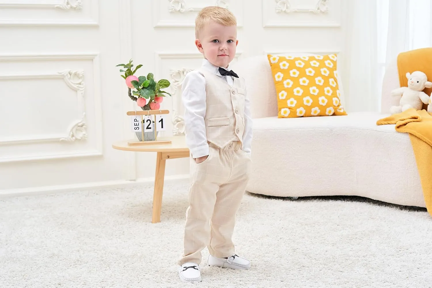 ARTMINE Toddler Boy Clothes Suit Gentleman Wedding Outfits, Formal Dress Shirt Bowtie Vest Pants