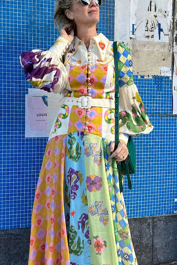 Ava - Chic Print Belted Midi Dress