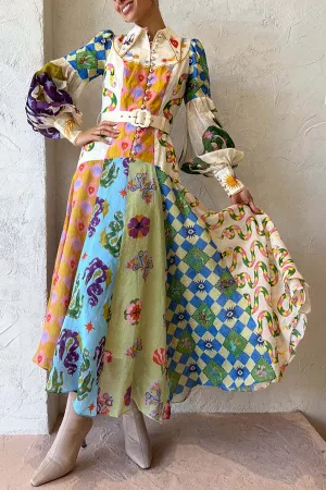 Ava - Chic Print Belted Midi Dress