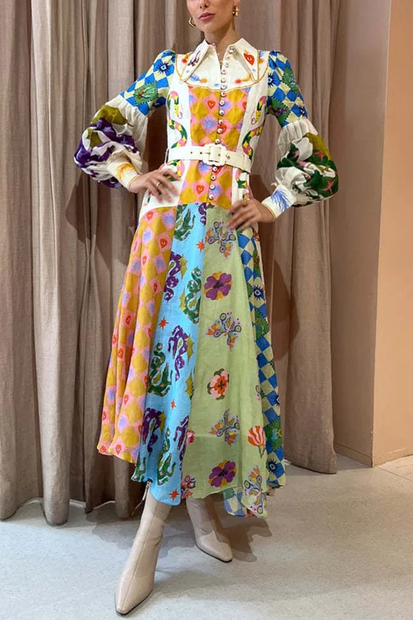 Ava - Chic Print Belted Midi Dress