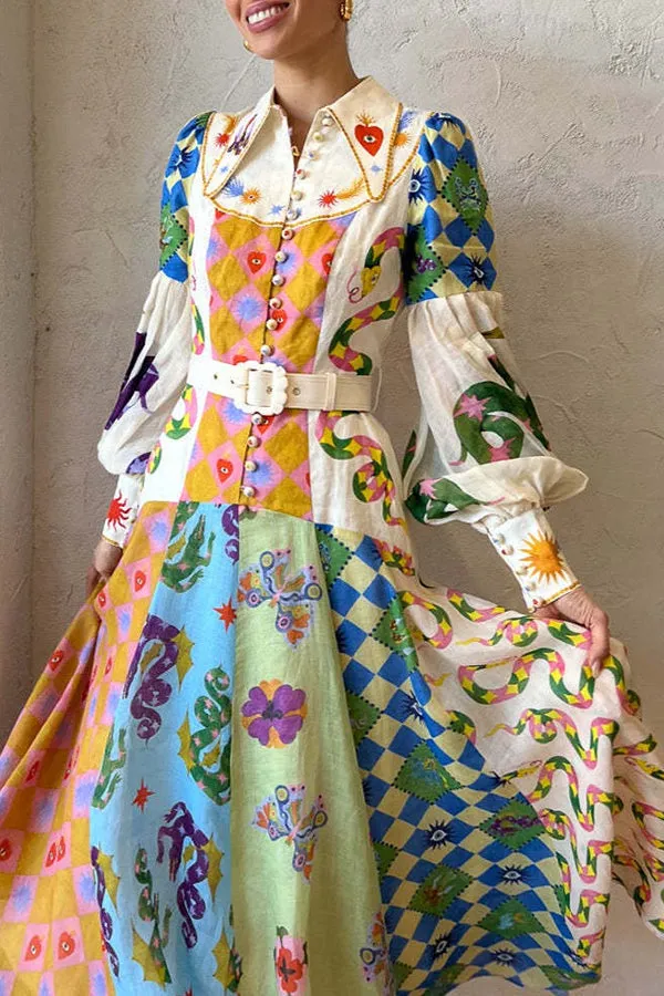 Ava - Chic Print Belted Midi Dress