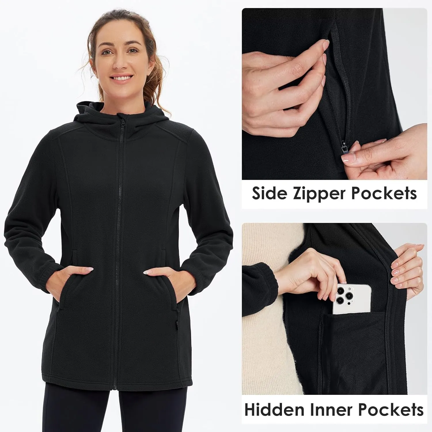baleaf Women's Long Fleece Jacket Full Zip Polar Fleece Hoodie Soft Lightweight Winter Coat