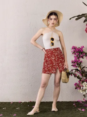 Berrylush Women Red & White Floral Printed High-Rise Waist Front-Slit Straight Hem A-Line Mini Skirt
