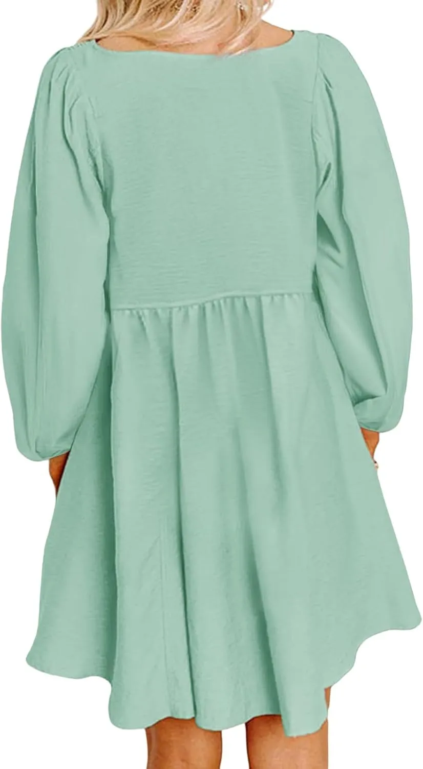 Big Swing Dress for Women Square Neck Long Sleeve Front Button Mini Dresses Waist Ruffle A-Line Bubble Wedding Dress