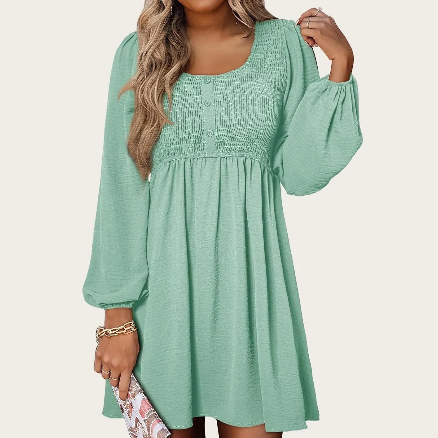 Big Swing Dress for Women Square Neck Long Sleeve Front Button Mini Dresses Waist Ruffle A-Line Bubble Wedding Dress