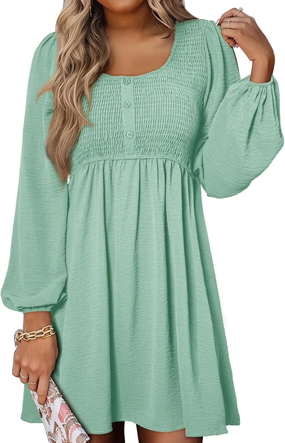Big Swing Dress for Women Square Neck Long Sleeve Front Button Mini Dresses Waist Ruffle A-Line Bubble Wedding Dress