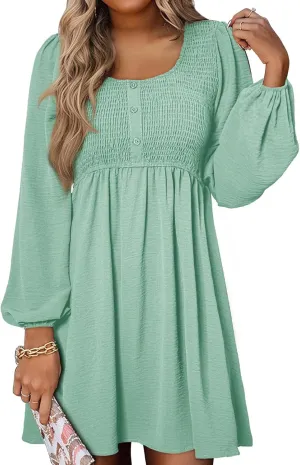 Big Swing Dress for Women Square Neck Long Sleeve Front Button Mini Dresses Waist Ruffle A-Line Bubble Wedding Dress