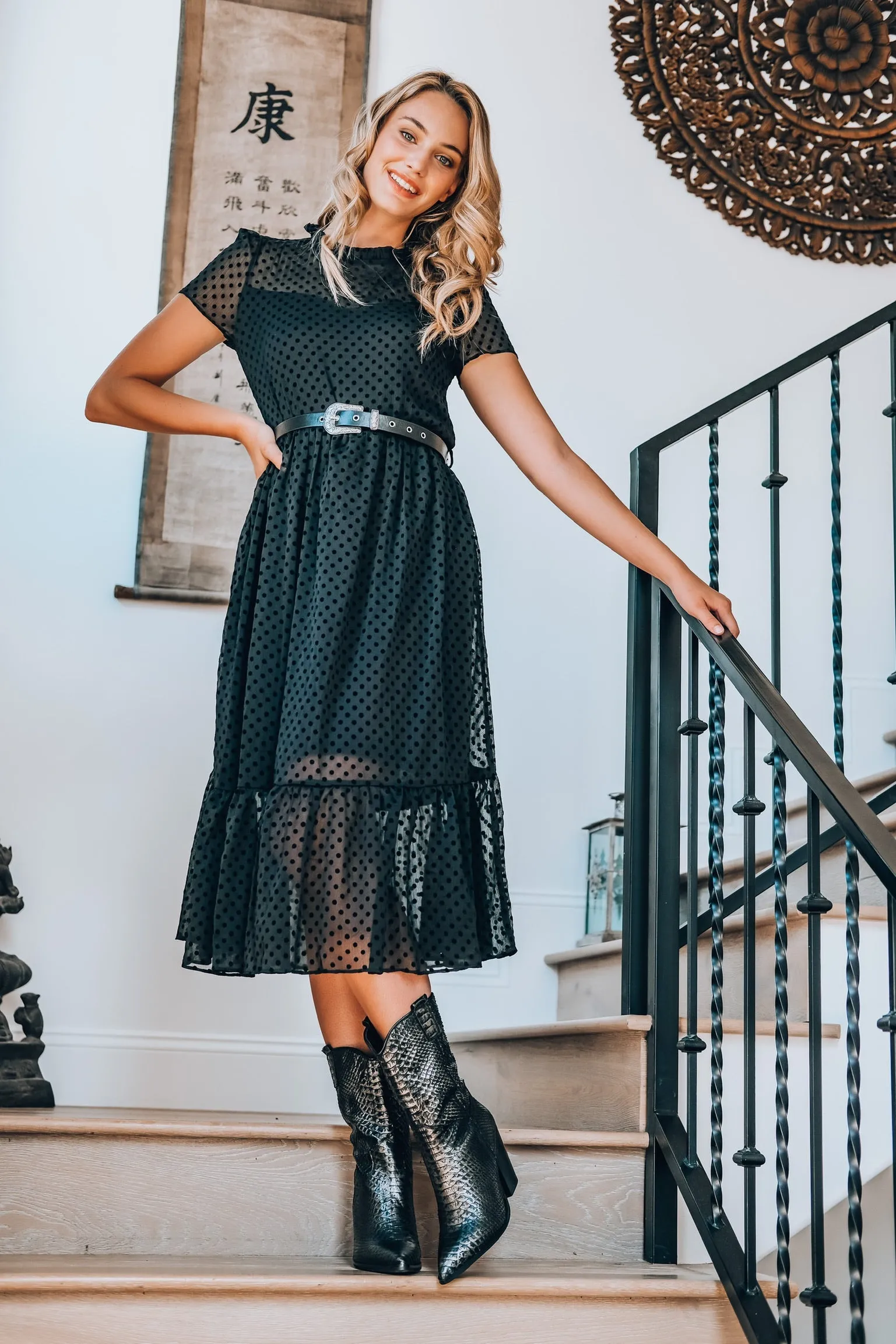 Black Polka Dot Smocked Dress