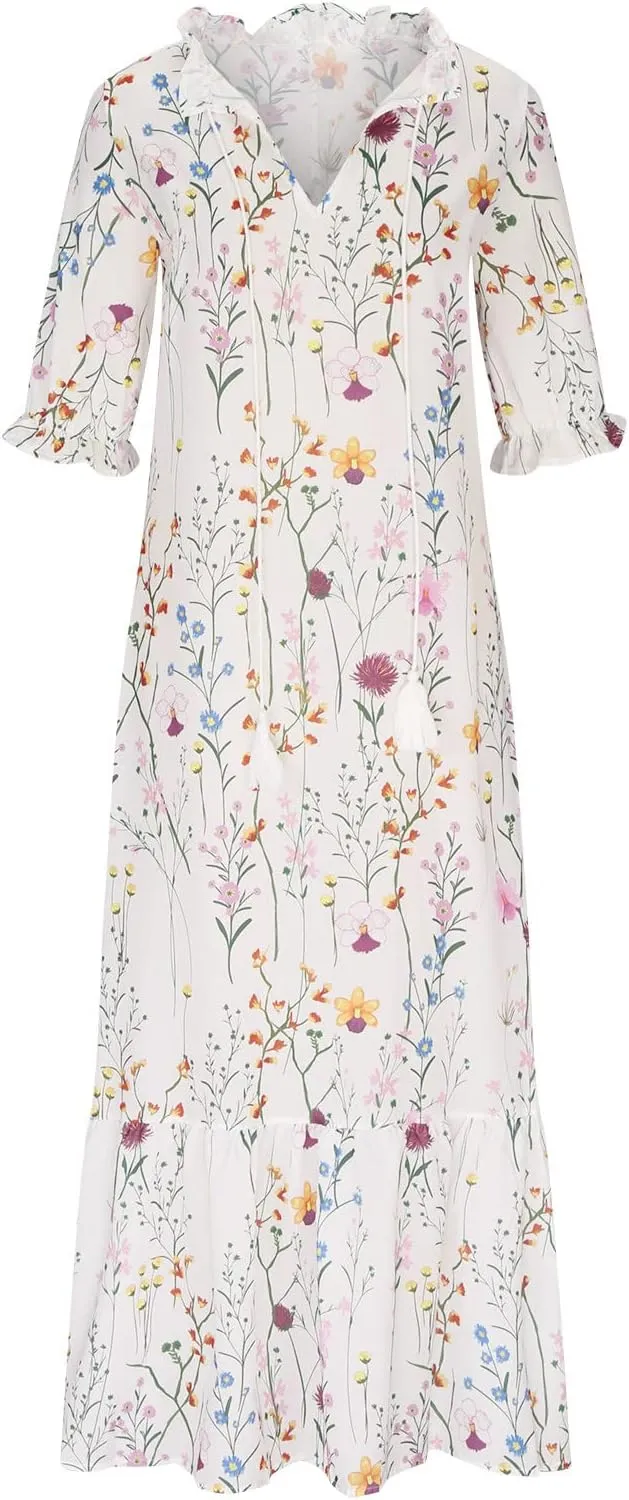 Boho Dresses for Women 2024 Summer Short Sleeve Floral Long Maxi Dresses Tassel V Neck Ruffle Flowy A-Line Dress