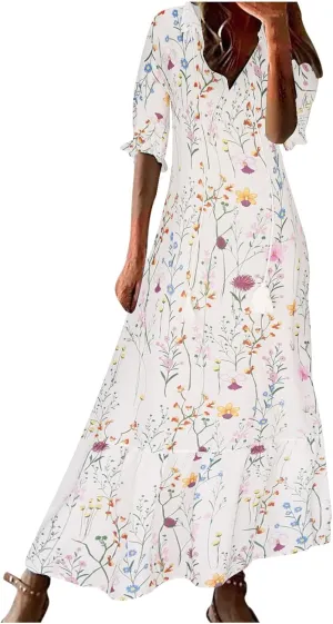 Boho Dresses for Women 2024 Summer Short Sleeve Floral Long Maxi Dresses Tassel V Neck Ruffle Flowy A-Line Dress