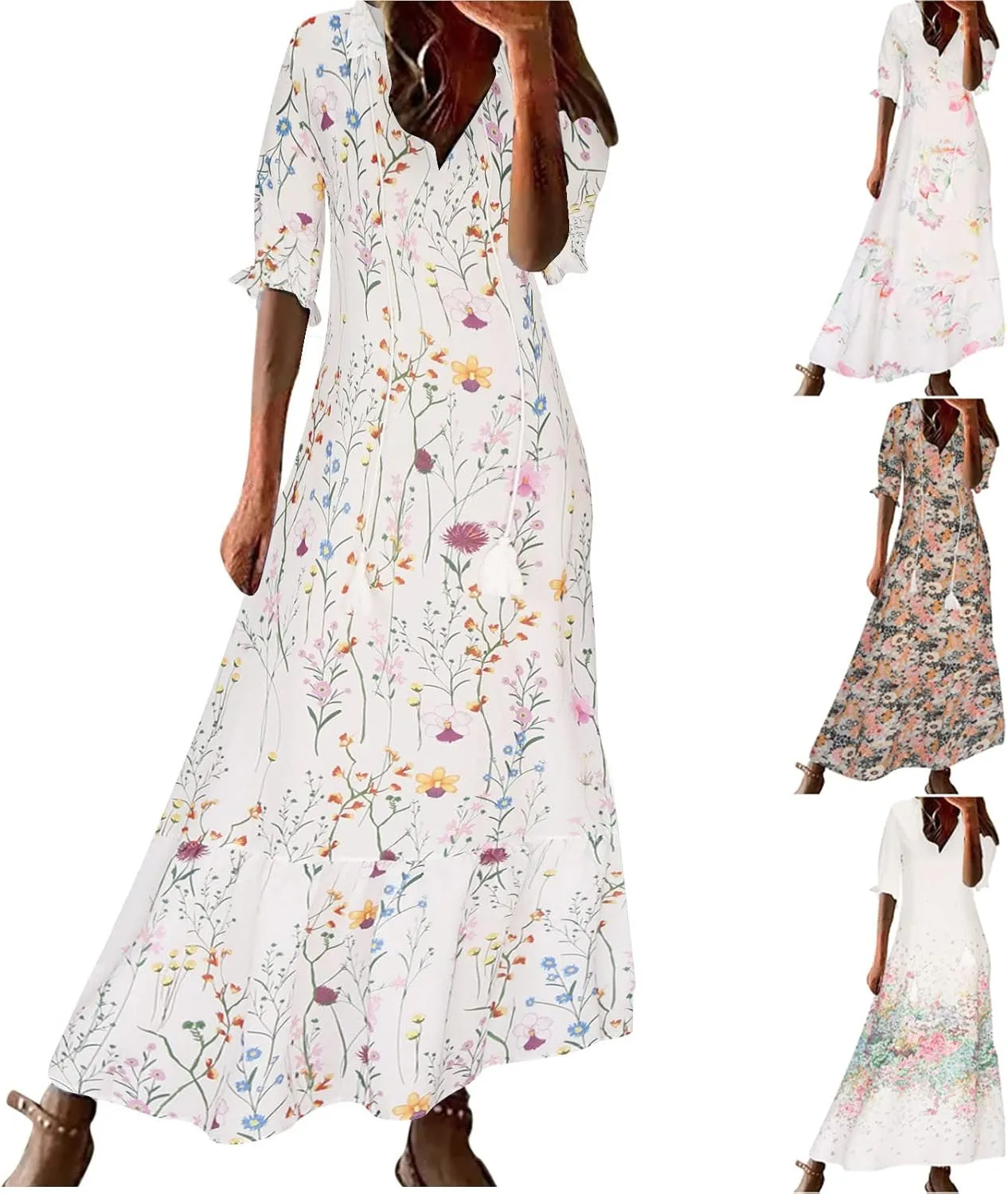 Boho Dresses for Women 2024 Summer Short Sleeve Floral Long Maxi Dresses Tassel V Neck Ruffle Flowy A-Line Dress