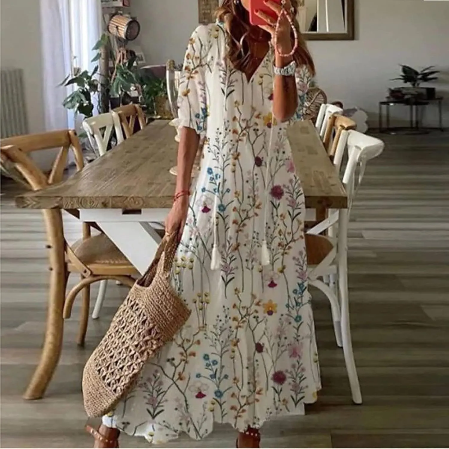 Boho Dresses for Women 2024 Summer Short Sleeve Floral Long Maxi Dresses Tassel V Neck Ruffle Flowy A-Line Dress