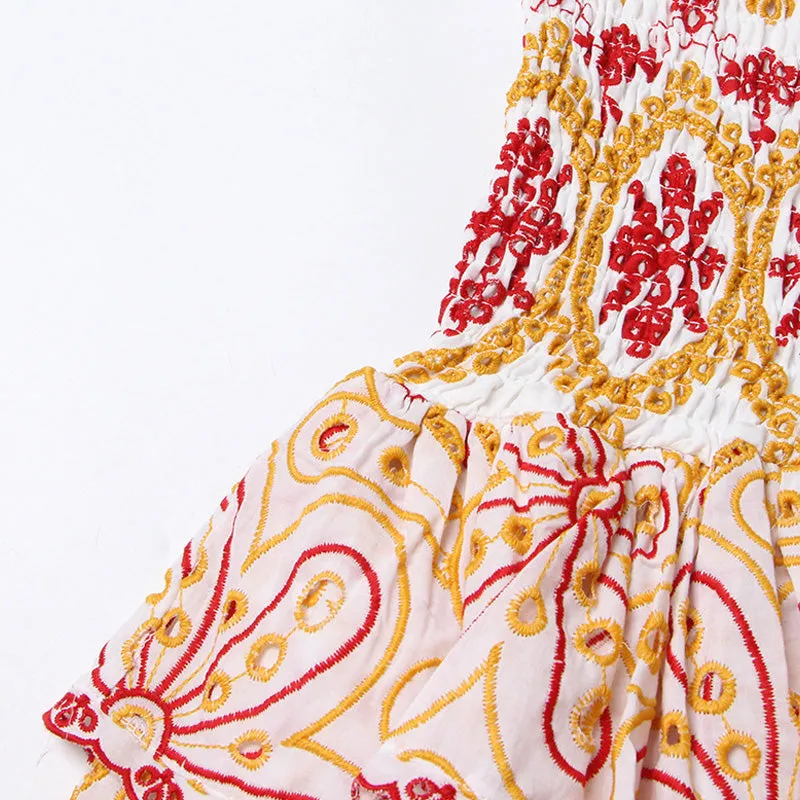 Boho Floral Strapless Smocked Broderie Anglaise Tiered Ruffled Mini Dress