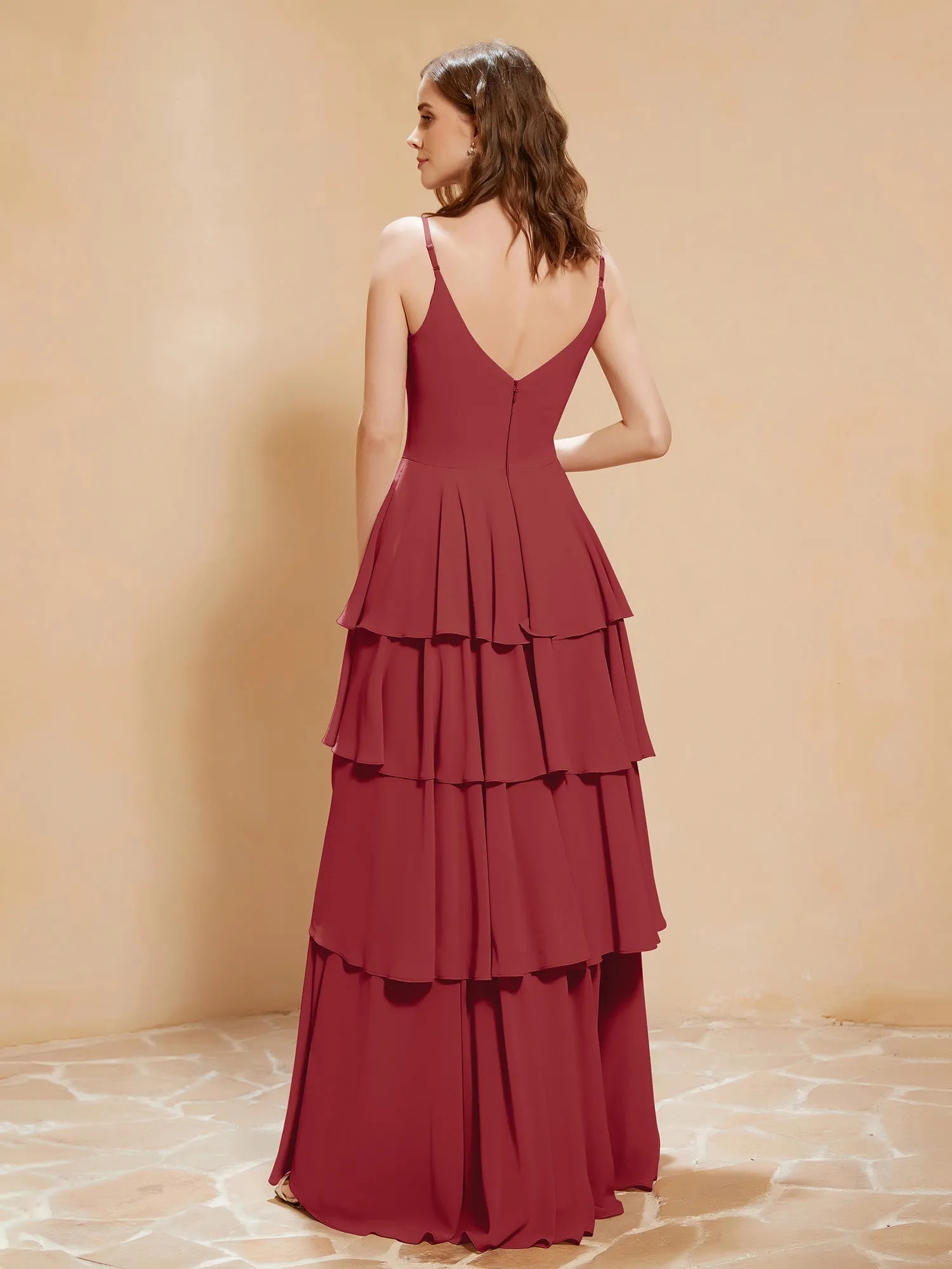 Boho V-neck Floor-length Dress Flowy Ruffles Burgundy Plus Size