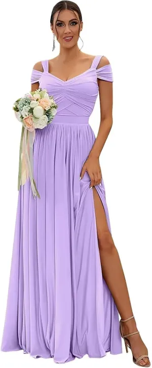 Bridesmaid Dresses with Slit for Women Off Shoulder V Neck Formal Evening Dress Floor Length